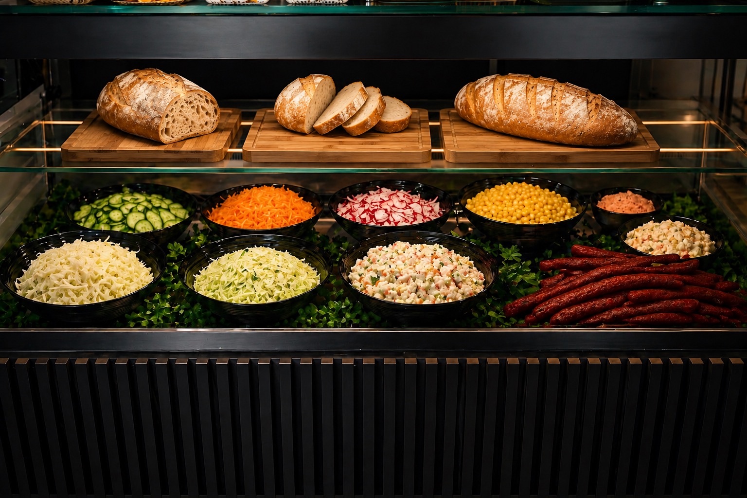 Frische Salate in der Kühltheke, rustikales Brot auf Holzbrettern und Wurstwaren